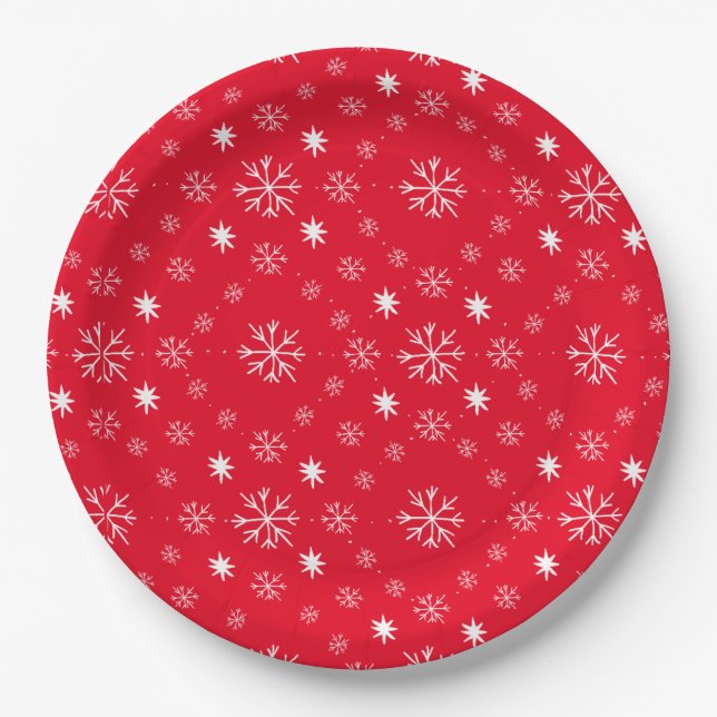 Prato de Papel Vermelho Com Flocos de Neve Brancos (Frente)