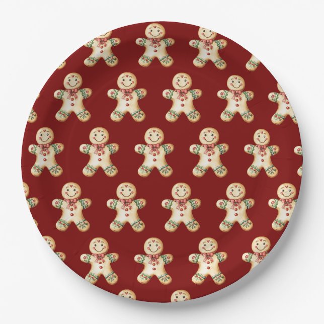 Prato de papel vermelho de Natal de gengibre fofo (Frente)