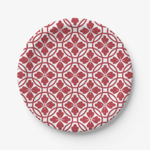 Prato de papel vermelho e branco com padrão geomét