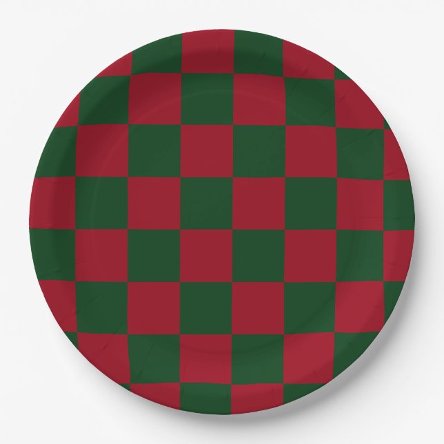 Prato De Papel Vermelho e Verde Clássico Xadrez de Natal Estampad (Frente)