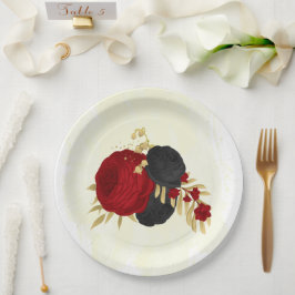 Prato De Papel vermelho escuro e flores pretas douradas