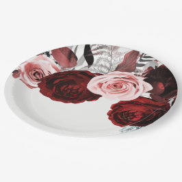 Prato De Papel Vermelho Escuro e Rosa Floral Verde Branco Casamen