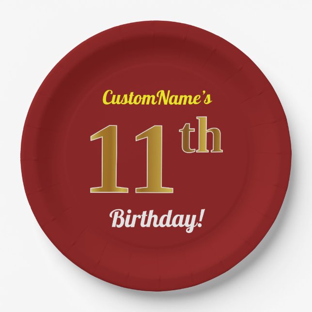Prato De Papel Vermelho, Faux Dourado 11 Birthday + nome personal (Frente)