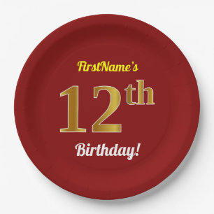 Prato De Papel Vermelho, Faux Dourado 12 Birthday + nome personal