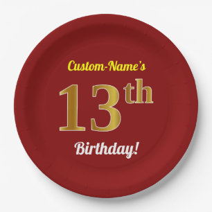 Prato De Papel Vermelho, Faux Dourado 13 Birthday + nome personal