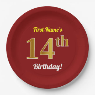 Prato De Papel Vermelho, Faux Dourado 14 Birthday + nome personal