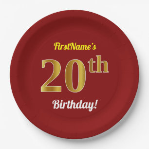 Prato De Papel Vermelho, Faux Dourado 20 Birthday + nome personal