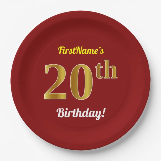 Prato De Papel Vermelho, Faux Dourado 20 Birthday + nome personal (Frente)