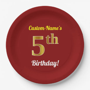 Prato De Papel Vermelho, Faux Dourado 5 Birthday + nome personali