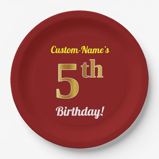 Prato De Papel Vermelho, Faux Dourado 5 Birthday + nome personali (Frente)