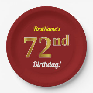 Prato De Papel Vermelho, Faux Dourado 72º Aniversário + Nome Pers