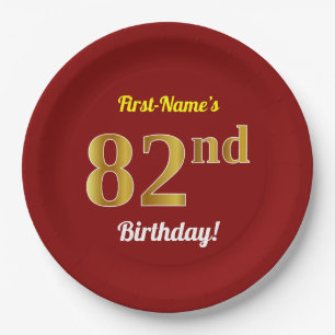 Prato De Papel Vermelho, Faux Dourado 82º Aniversário + Nome Pe