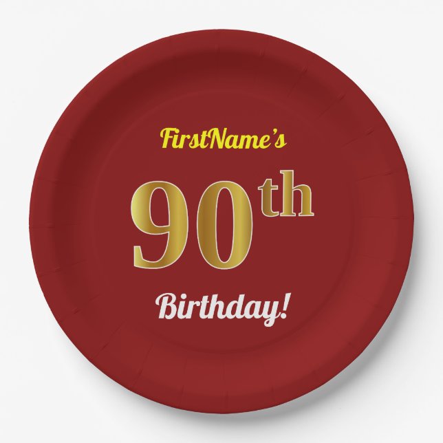 Prato De Papel Vermelho, Faux Dourado 90 Birthday + nome personal (Frente)