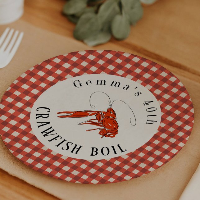 Prato De Papel Vermelho Gingham - Peixe-Rastreio - Papel do Parti (Crawfish boil party red gingham personalized paper plates.)