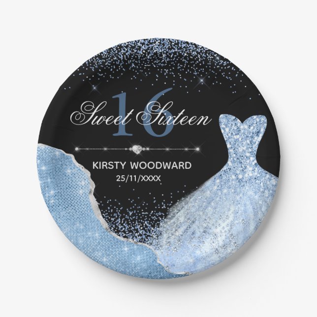 Prato De Papel Vestido Azul Claro Molhado 16 Doce Aniversário (Frente)