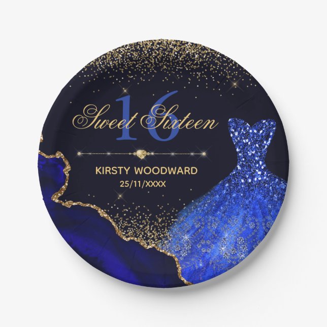 Prato De Papel Vestido de Aquarela Azul e agitador de brilho Doce (Frente)