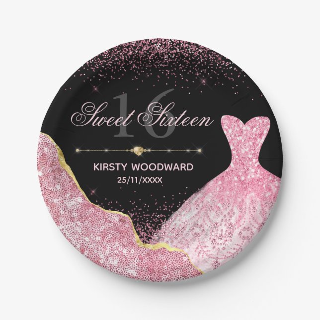Prato De Papel Vestido de Aquarela Rosa Glam Edge Sweet 16 Aniver (Frente)