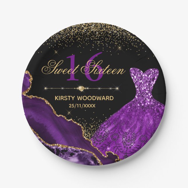 Prato De Papel Vestido de Aquarela Roxo Doce 16 Aniversário (Frente)