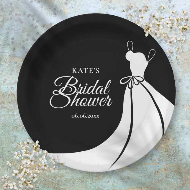 Prato De Papel Vestido Elegante Preto e Branco para Chá de Noiva (Black and White Elegant Gown Bridal Shower Paper Plates)