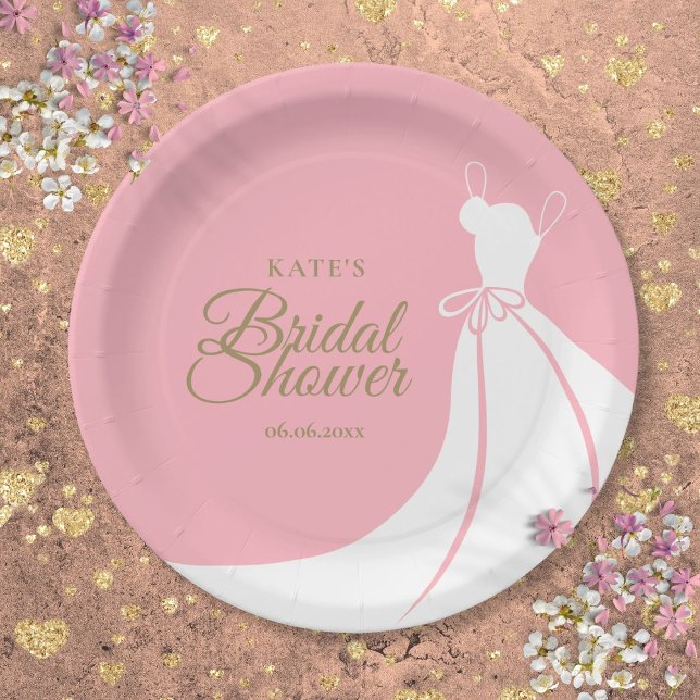 Prato De Papel Vestido Elegante Rosa e Dourado Chuveiro de Noiva (Pink and Gold Elegant Gown Bridal Shower Paper Plates)