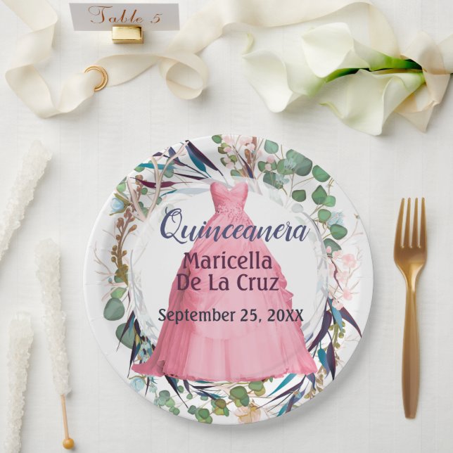 Prato De Papel Vestido Rosa Elegante Quinceañera Personalizado (Casamento)