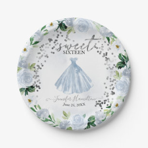 Prato De Papel Vestido Rosa Floral Azul Sweet 16