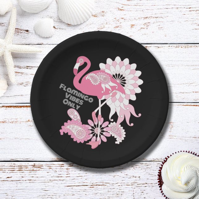 Prato De Papel Vibrações Caprichosas de Flamingo Preto Rosa Flami (Criador carregado)