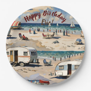 Prato De Papel Vibrações de Verão, Caravana Vintage na Praia 