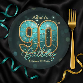 Prato De Papel Vibrant Chic Teal Gold Metallic 90th Birthday
