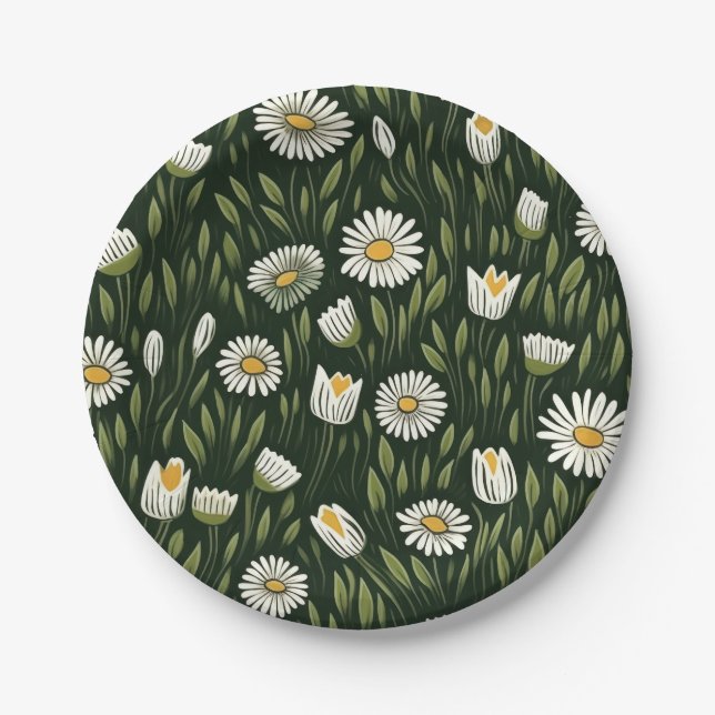 Prato De Papel Vibrant Daisy Pattern with Lush Green Accents (Frente)
