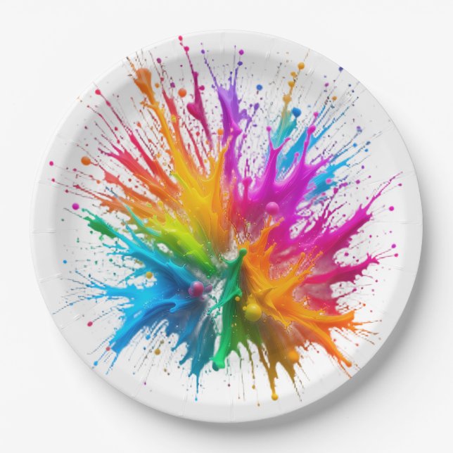 Prato De Papel Vibrant Rainbow Paint Splatter Explosion (Frente)