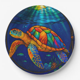 Prato De Papel Vibrant Stained Glass Sea Turtle Ocean Design