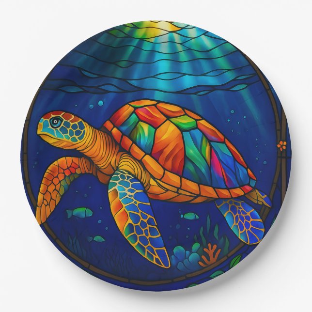 Prato De Papel Vibrant Stained Glass Sea Turtle Ocean Design (Frente)