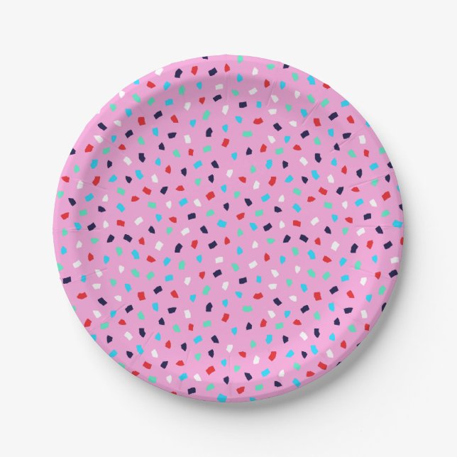 Prato De Papel Vibrant Terrazzo Confetti Party Grapefruit Pink (Frente)