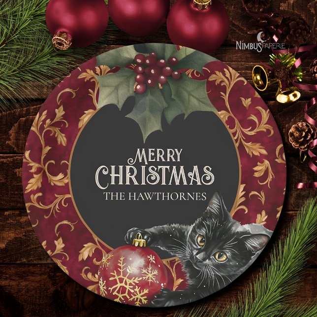 Prato De Papel Victorian Gothic Black Cat Christmas Party Plate (Criador carregado)