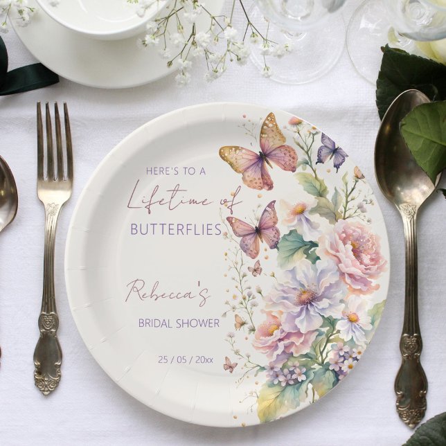 Prato De Papel Vida das borboletas chá de panela floral (Here's to a Lifetime of Butterflies floral spring summer bridal shower template Paper Plates)