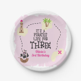 Prato De Papel Vida de pirata para o meu aniversário rosa de TRÊS