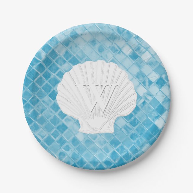 Prato De Papel Vidro azul do mar do monograma de Shell de Scallop (Frente)