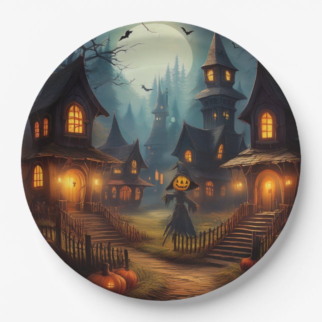 Prato De Papel Vila Assustadora de Halloween com Espantalho (Frente)