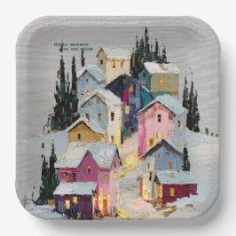 Prato De Papel Vila de Inverno Colorida com Impasto na Neve