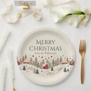 Prato De Papel Vila de Inverno Vintage Natal Arte Folclórica Nome