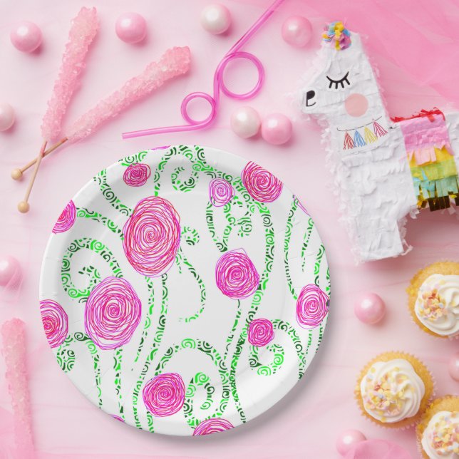 Prato De Papel Vinhas Verdes e Flores Rosa (Festa)