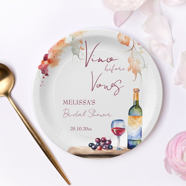 Prato De Papel Vino antes da impressão do chá de panela de vinhas (Vino before vows winery vineyard wine bridal shower printed paper plates personalized table decor)