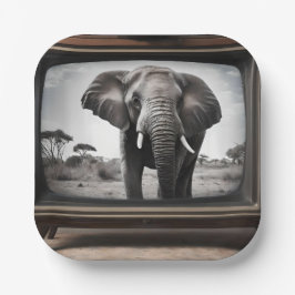 Prato De Papel Vintage African Elephant On Analog Television,