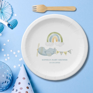 Prato De Papel Vintage Airplane Rainbow Clouds Boy Baby Shower