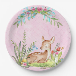 Prato De Papel Vintage Baby Deer sentado na relva bebezinho rosa