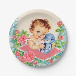 Prato De Papel Vintage Baby Girl e Rosa Chá de fraldas Cake Play