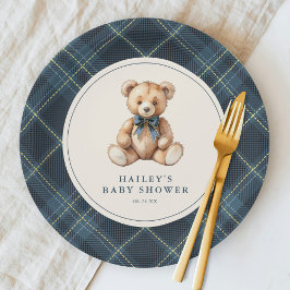 Prato De Papel Vintage Blue Tartan Teddy Bear Baby Shower