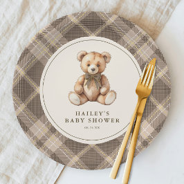 Prato De Papel Vintage Brown Tartan Teddy Bear Baby Shower