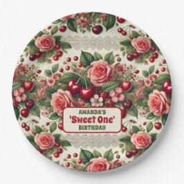 Prato De Papel Vintage Cherry 'Sweet One Festa de primeiro aniver